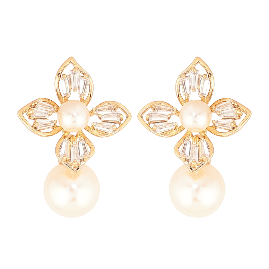 Серьги Xuping Цвет Позолота 18K пусеты Кристальные цветочки с жемчужинами фото №1