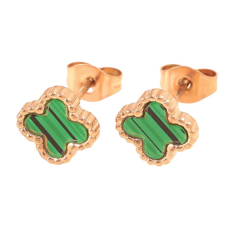 Сережки Нержавіюча сталь пусети Конюшина з зеленими вставками 8х8мм фото №1