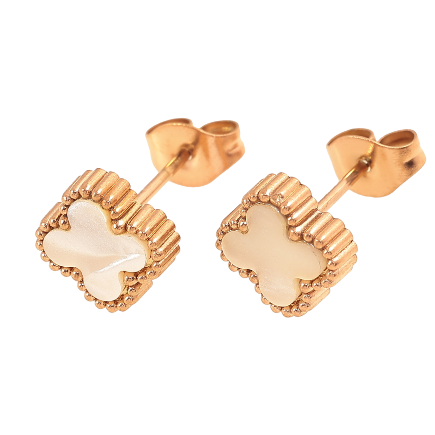 Серьги Нержавеющая сталь пусеты Клевер с перламутровыми вставками 8х8мм фото №1