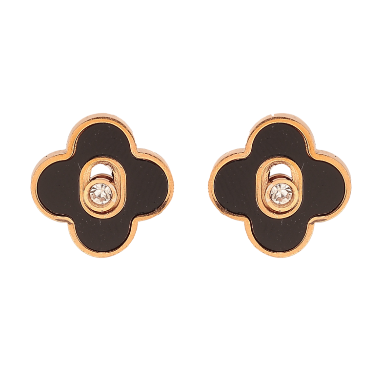 Серьги Нержавеющая сталь пусеты Клевер с черными вставками и кристаллами 10х10мм фото №3
