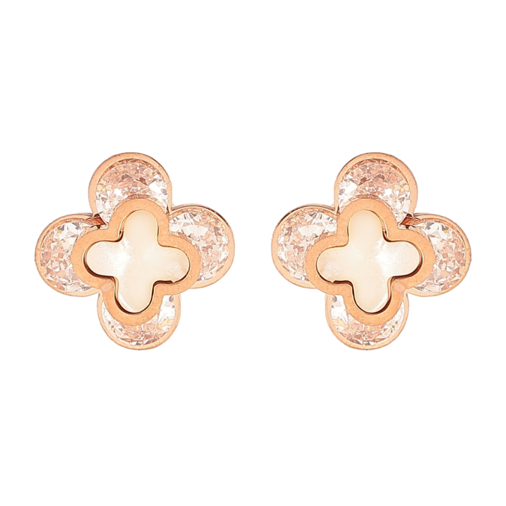 Серьги Нержавеющая сталь пусеты Клевер из кристаллов с перламутровыми вставками 9х9мм фото №4