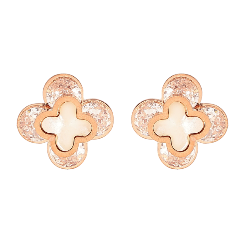 Серьги Нержавеющая сталь пусеты Клевер из кристаллов с перламутровыми вставками 9х9мм фото №1 Серьги Нержавеющая сталь пусеты Клевер из кристаллов с перламутровыми вставками 9х9мм фото №1