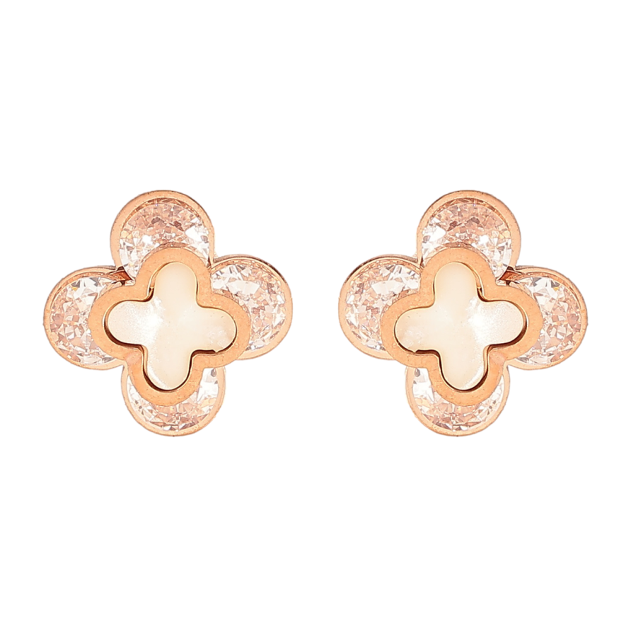 Серьги Нержавеющая сталь пусеты Клевер из кристаллов с перламутровыми вставками 9х9мм фото №1