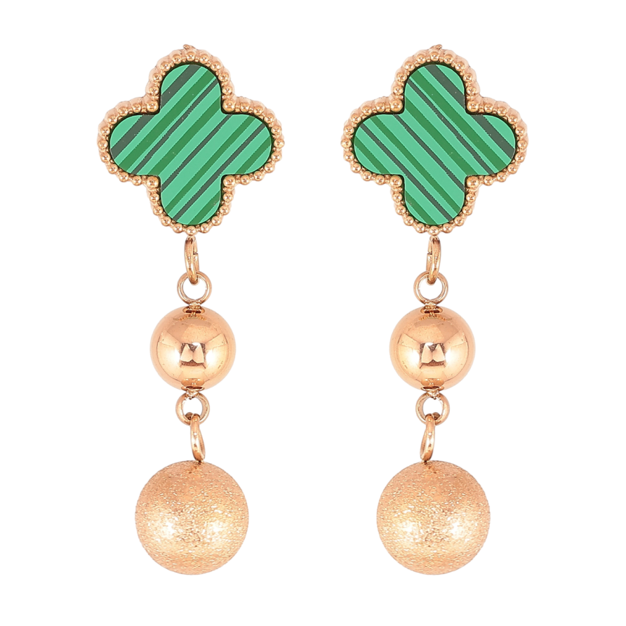 Сережки Нержавіюча сталь пусети Конюшина із зеленими вставками та підвісками у вигляді кульок фото №1