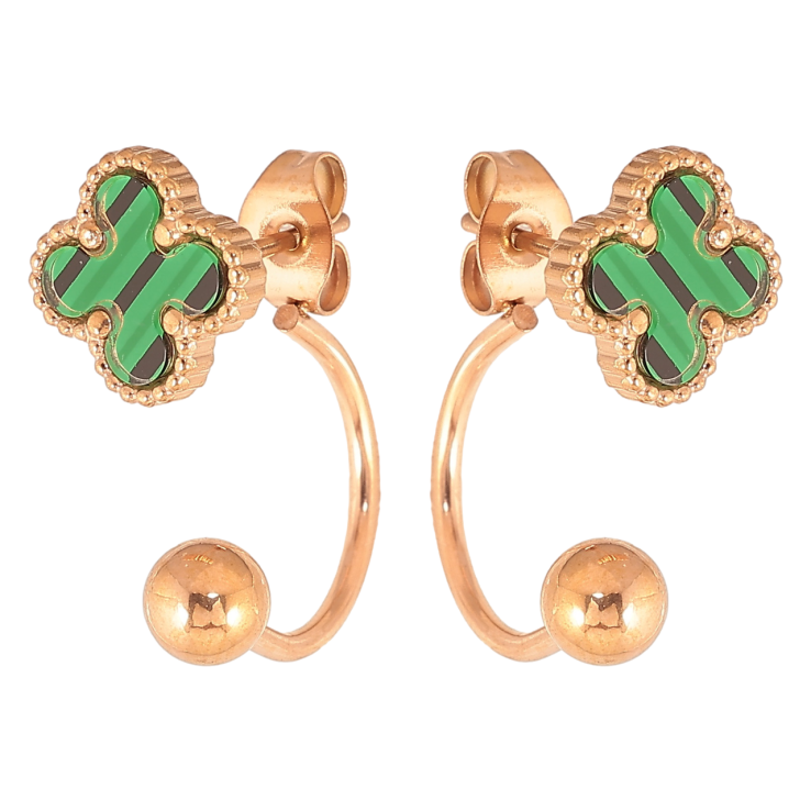 Сережки Нержавіюча сталь пусети-джекети Конюшина з зеленими вставками і кульками на дугах фото №23