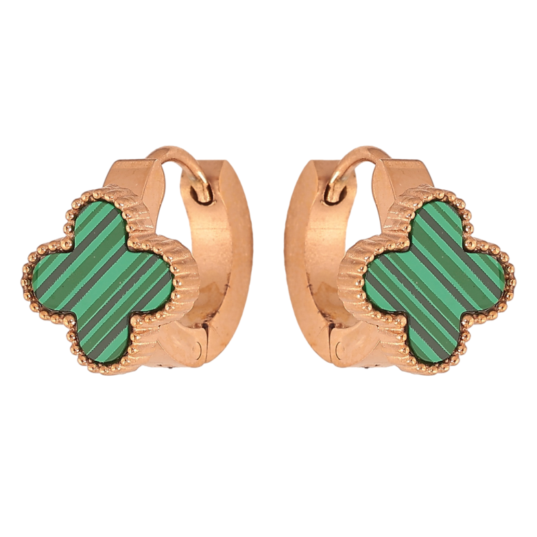 Сережки Нержавіюча сталь колечка Конюшина із зеленими вставками фото №1