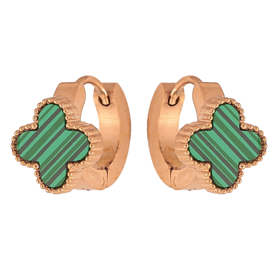 Сережки Нержавіюча сталь колечка Конюшина із зеленими вставками фото №1