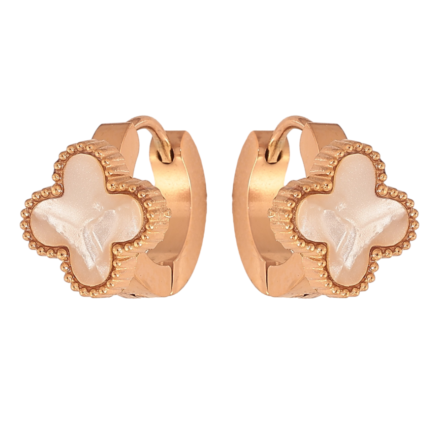 Серьги Нержавеющая сталь колечки Клевер с перламутровыми вставками фото №1