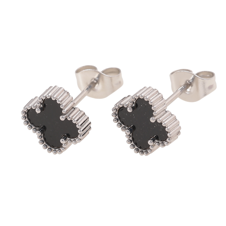 Серьги Нержавеющая сталь пусеты Клевер с черными вставками 8х8мм фото №18