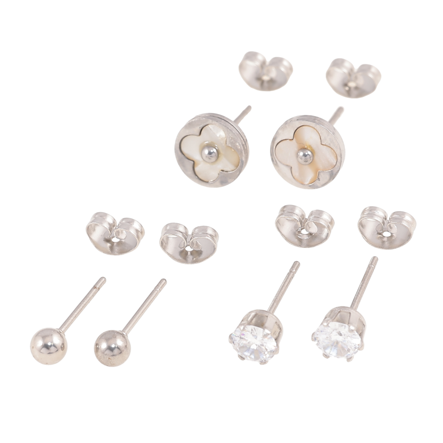 Серьги Набор Нержавеющая сталь пусеты Шарики, кристаллы ø 4мм, клевер с перламутровой вставкойø 8мм фото №1