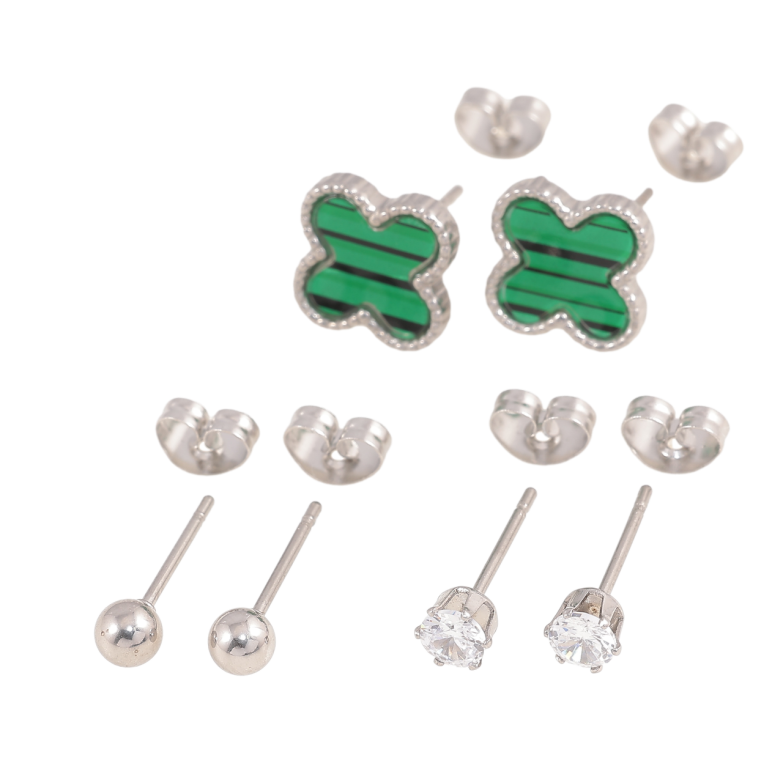 Серьги Набор Нержавеющая сталь пусеты Шарики, кристаллы ø 4мм, клевер с зеленой вставкой 10х10мм фото №1