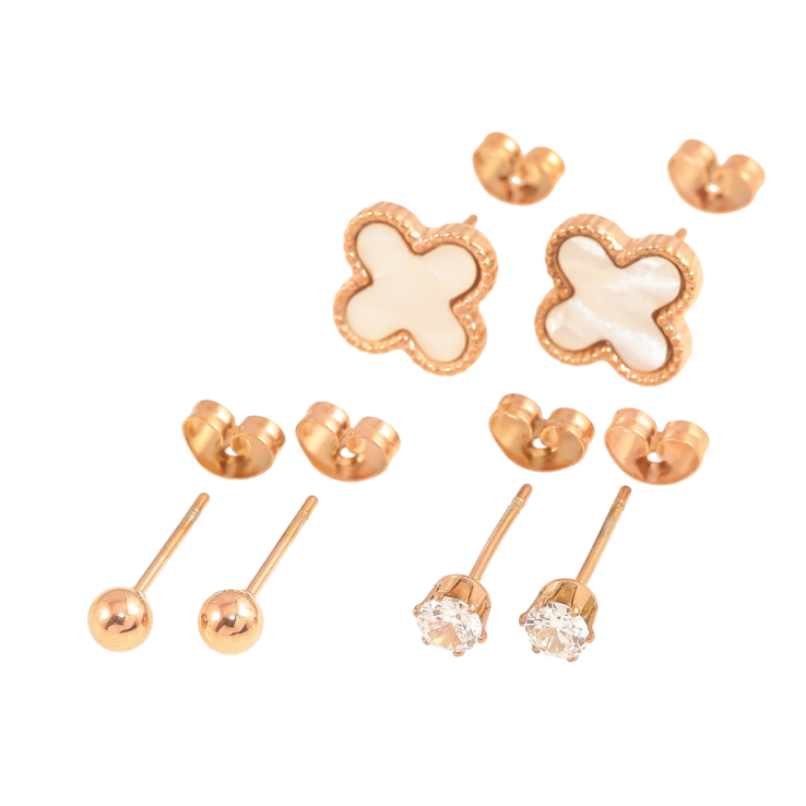 Сережки Набір Нержавіюча сталь пусети Кульки, кристали ø 4 мм, конюшина із перламутровою вставкою 10х10 мм фото №3