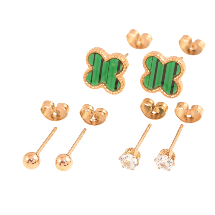 Сережки Набір Нержавіюча сталь пусети Кульки, кристали ø 4 мм, конюшина із зеленою вставкою 10х10 мм фото №1