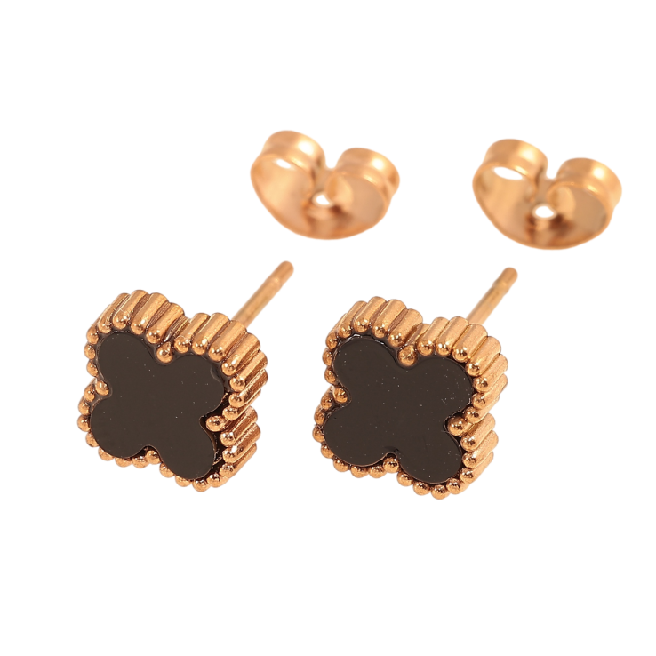 Серьги Нержавеющая сталь пусеты Клевер с черной вставкой 8х8мм фото №15