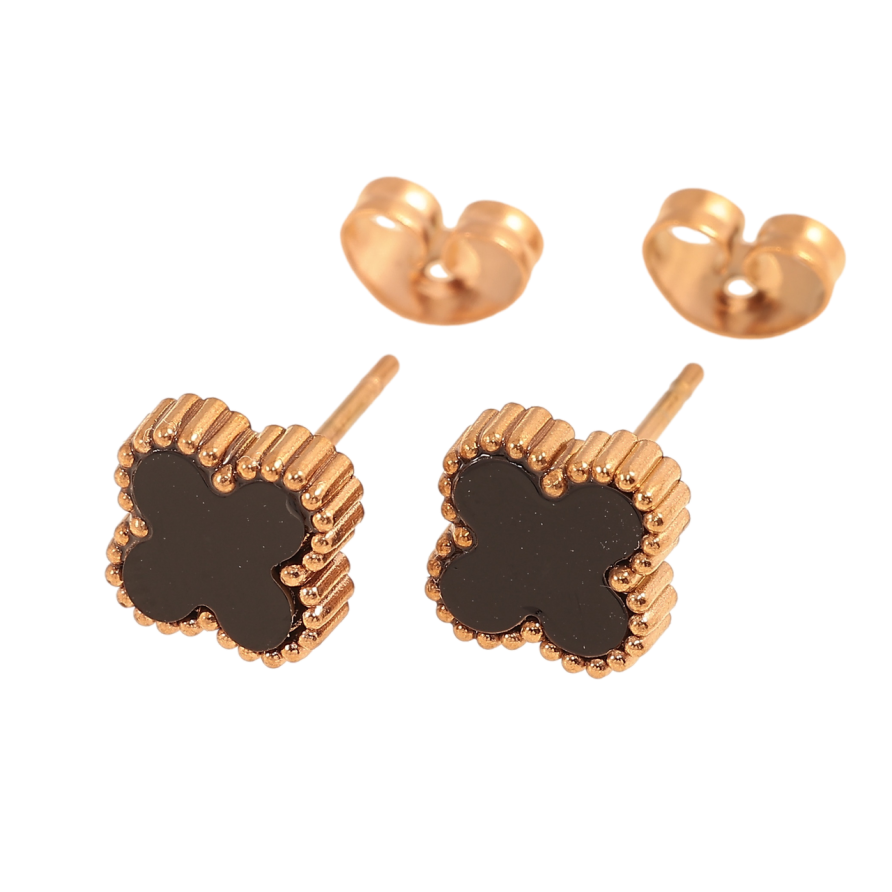 Сережки Нержавіюча сталь пусети Конюшина з чорною вставкою 8х8мм фото №1