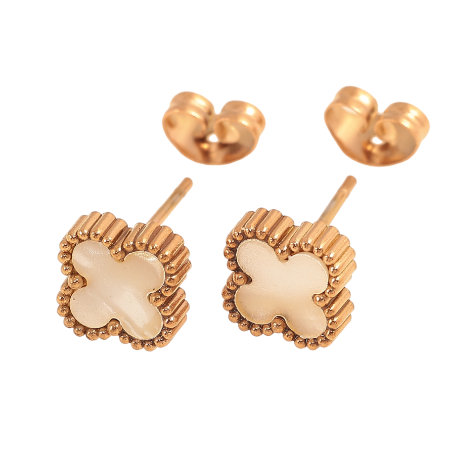 Сережки Нержавіюча сталь пусети Конюшина з перламутровою вставкою 8х8мм фото №1