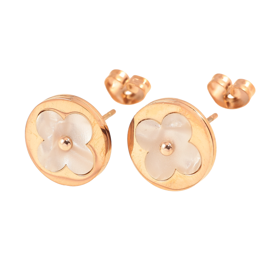 Серьги Нержавеющая сталь пусеты Клевер с перламутровой вставкой ø 10мм фото №1