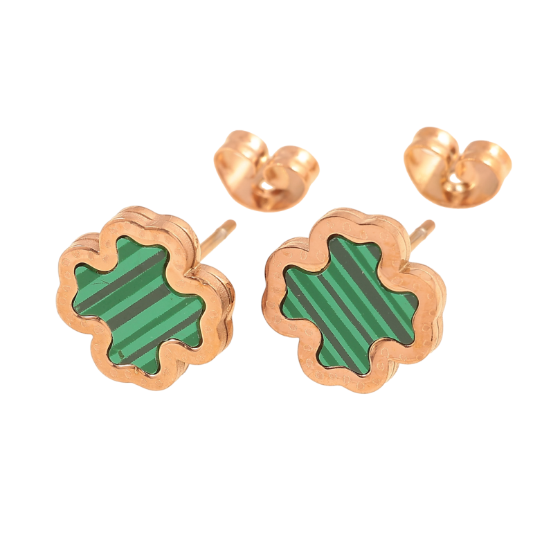 Сережки Нержавіюча сталь пусети Конюшина з зеленою вставкою 11х11мм фото №1