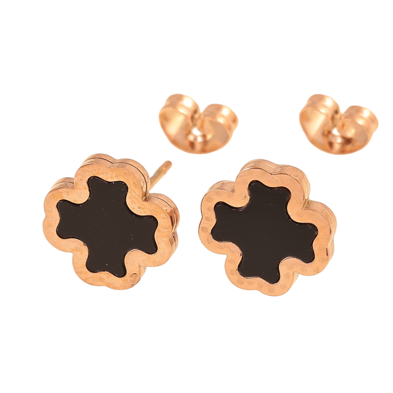 Сережки Нержавіюча сталь пусети Конюшина з чорною вставкою 11х11мм фото №1