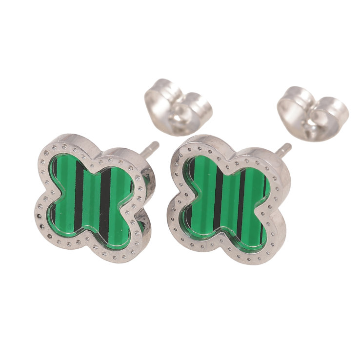 Серьги Нержавеющая сталь пусеты Клевер с зеленой вставкой 10х10мм фото №13 Серьги Нержавеющая сталь пусеты Клевер с зеленой вставкой 10х10мм фото №13