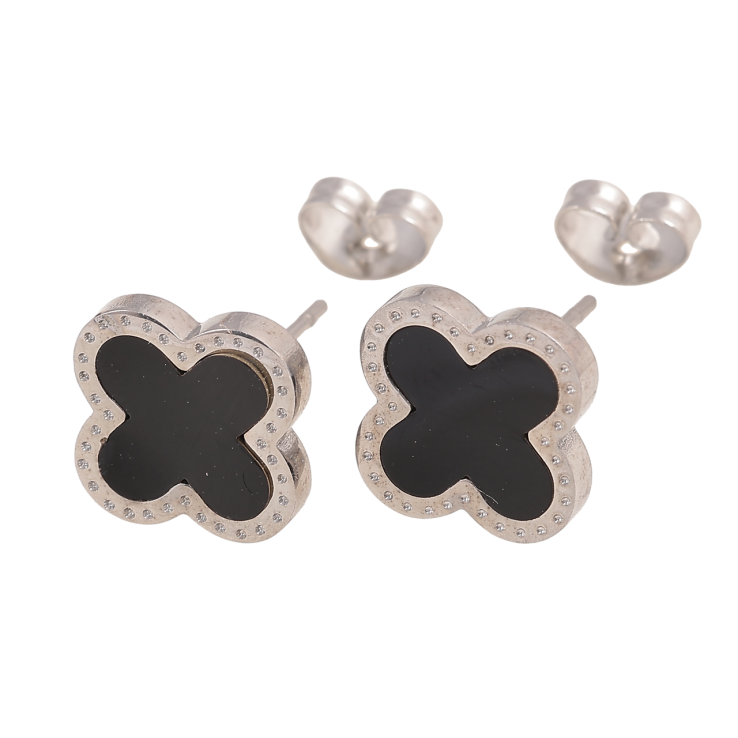 Серьги Нержавеющая сталь пусеты Клевер с черной вставкой 10х10мм фото №17