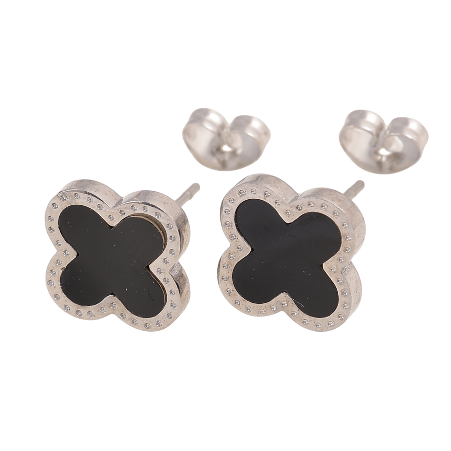 Серьги Нержавеющая сталь пусеты Клевер с черной вставкой 10х10мм фото №1