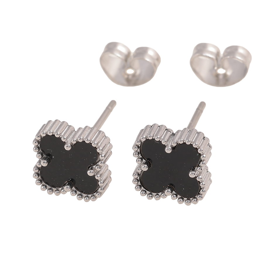 Сережки Нержавіюча сталь пусети Конюшина з чорною вставкою 8х8мм фото №1