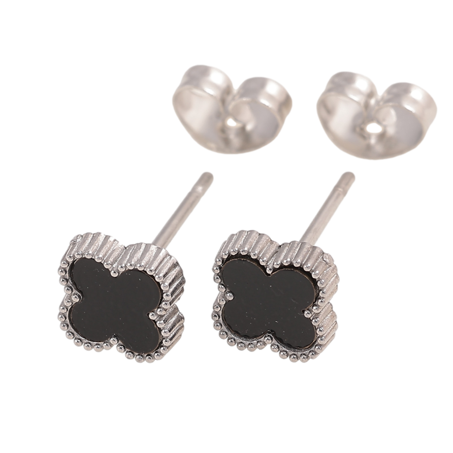 Серьги Нержавеющая сталь пусеты Клевер с черной вставкой 7х7мм фото №1