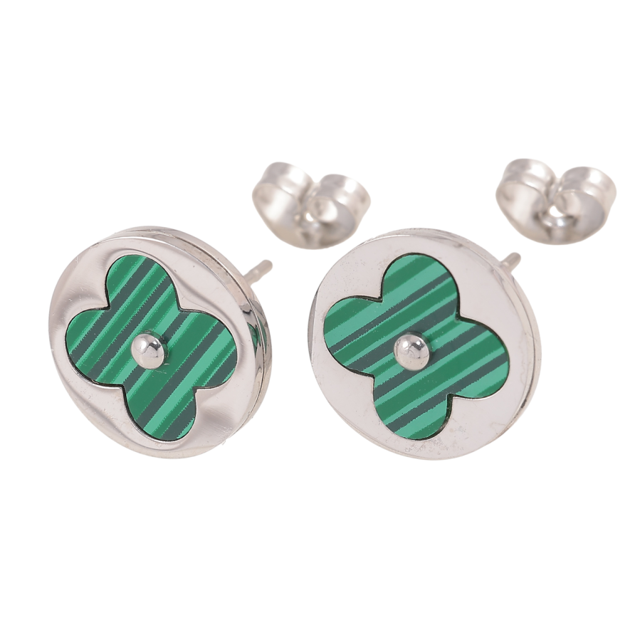 Сережки Нержавіюча сталь пусети Конюшина із зеленою вставкою ø 12мм фото №1