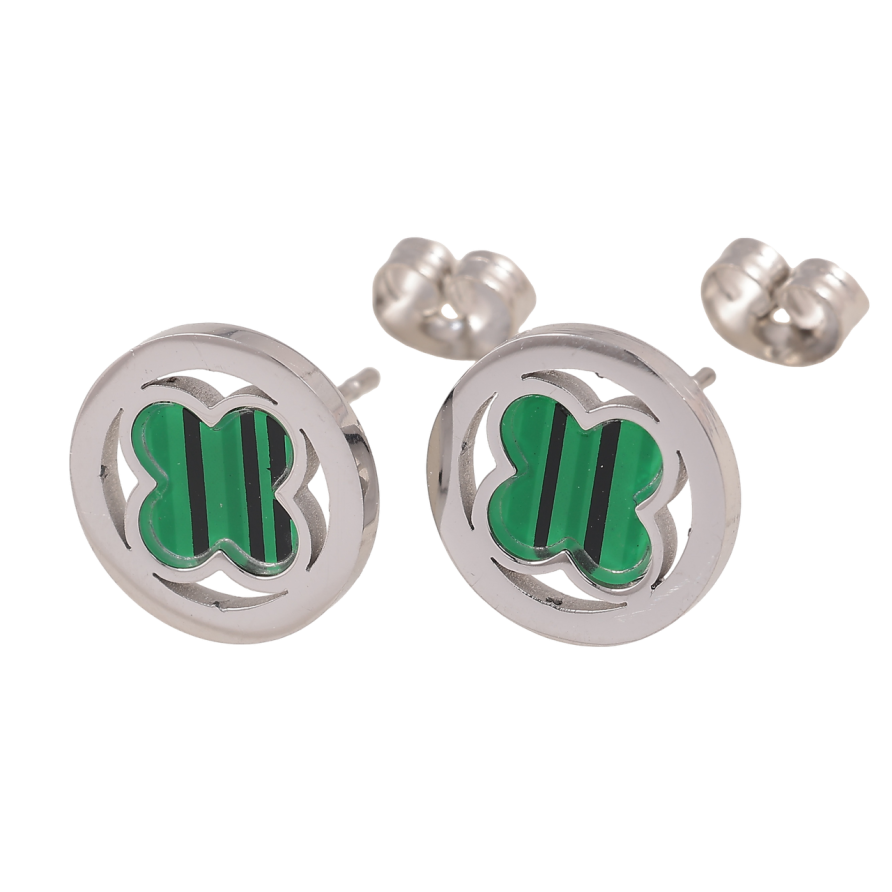 Сережки Нержавіюча сталь пусети Конюшина із зеленою вставкою ø 12мм фото №1