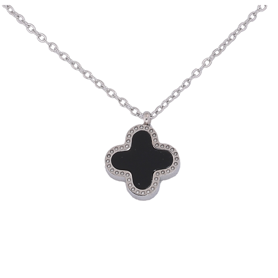 Подвеска на цепочке Нержавеющая сталь Клевер с черной и перламутровой вставкой, двусторонний длина 40-45см х 1.5мм фото №1