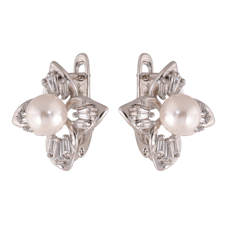 Сережки Xuping колір Родій англійська застібка Квіточки з кристалами та перлинами фото №7