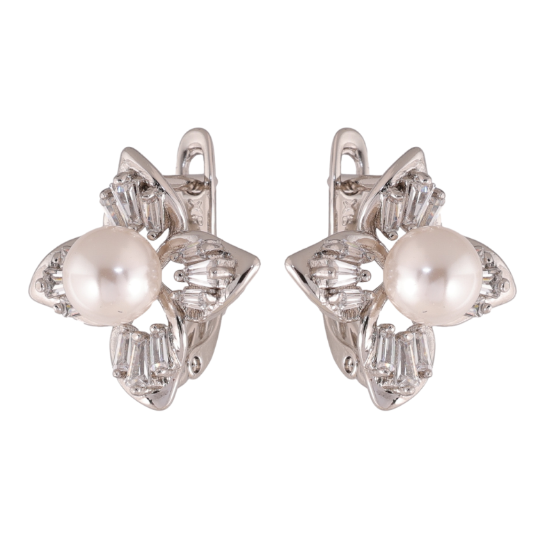 Серьги Xuping цвет Родий английский замок Цветочки с кристаллами и жемчугом фото №1