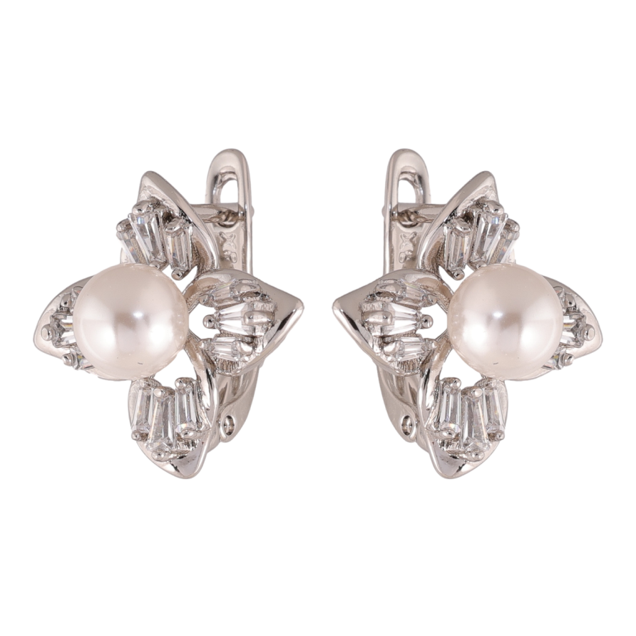 Сережки Xuping колір Родій англійська застібка Квіточки з кристалами та перлинами фото №1