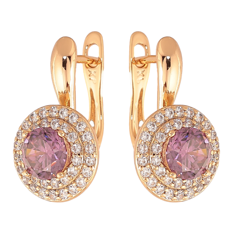 Сережки Xuping Колір Позолота 18K англійська застібка Бузкові кристали в обрамленні фото №2 Сережки Xuping Колір Позолота 18K англійська застібка Бузкові кристали в обрамленні фото №2