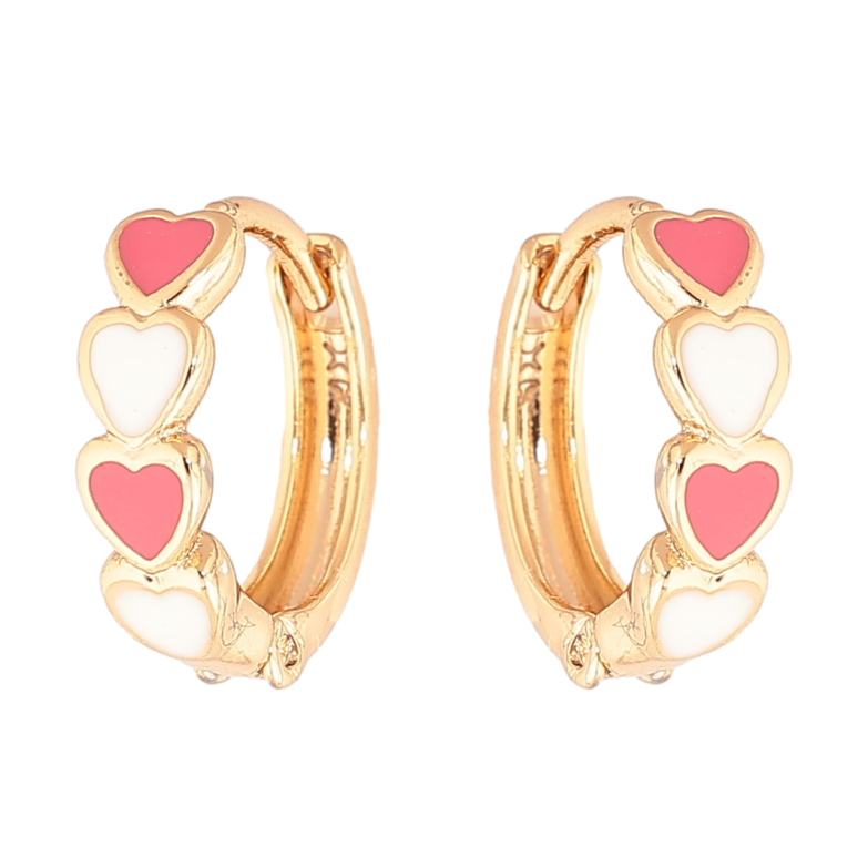 Серьги Xuping Цвет Позолота 18K колечки Сердечки с бело-розовой эмалью фото №2