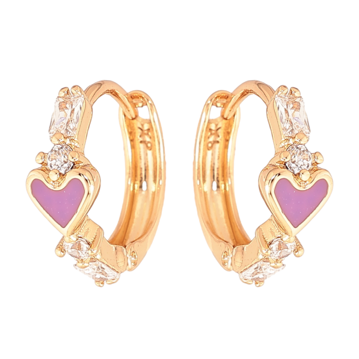 Серьги Xuping Цвет Позолота 18K колечки Сиреневые эмалевые сердечки с кристаллами фото №5