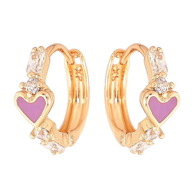 Серьги Xuping Цвет Позолота 18K колечки Сиреневые эмалевые сердечки с кристаллами фото №1