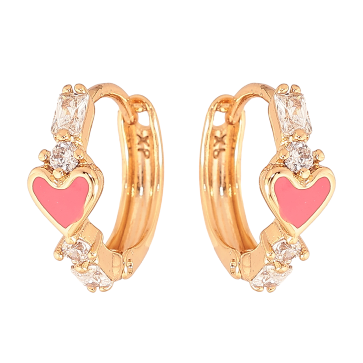 Серьги Xuping Цвет Позолота 18K колечки Розовые эмалевые сердечки с кристаллами фото №25