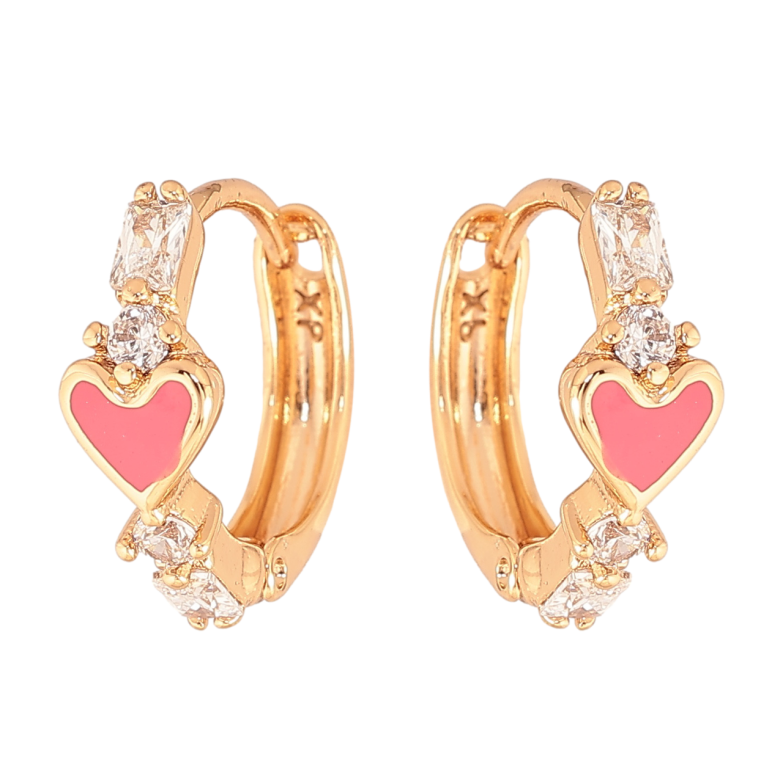 Серьги Xuping Цвет Позолота 18K колечки Розовые эмалевые сердечки с кристаллами фото №1
