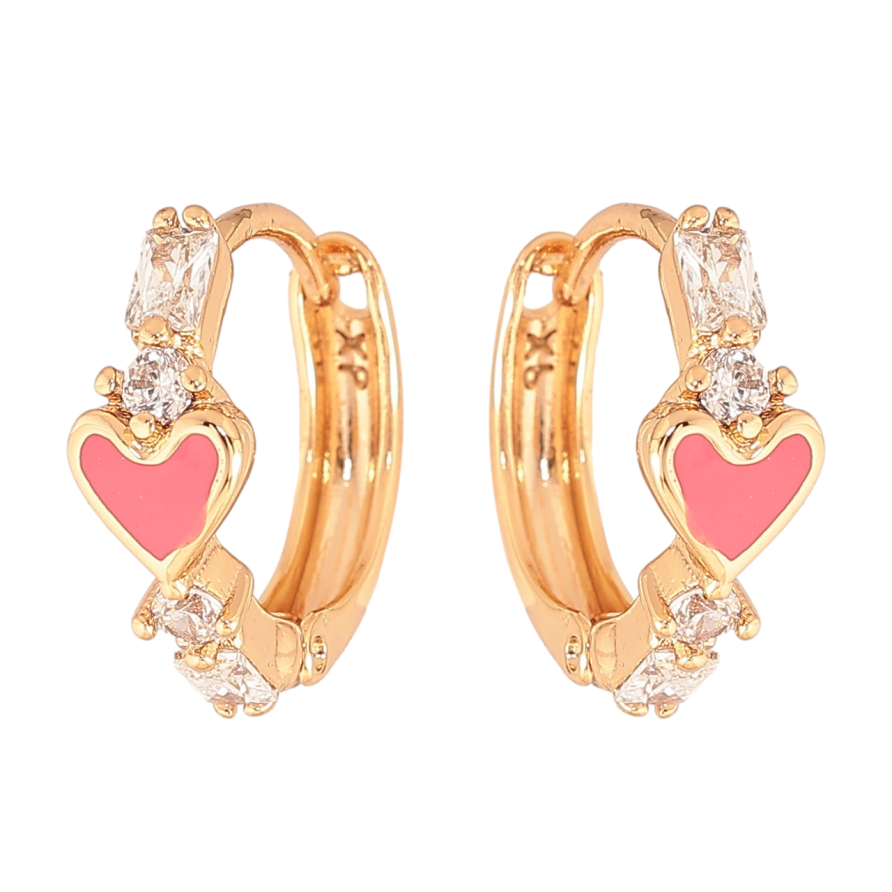 Серьги Xuping Цвет Позолота 18K колечки Розовые эмалевые сердечки с кристаллами фото №1