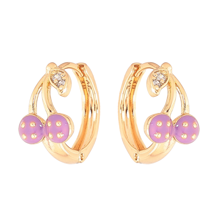 Сережки Xuping Колір Позолота 18K колечка Вишеньки з бузковою емаллю фото №1 Сережки Xuping Колір Позолота 18K колечка Вишеньки з бузковою емаллю фото №1