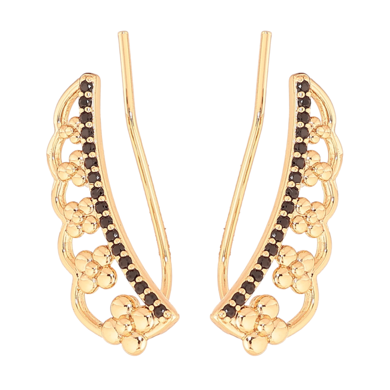 Серьги Xuping цвет Позолота 18K  клаймберы Цветочный узор с дорожками из черных кристаллов фото №1