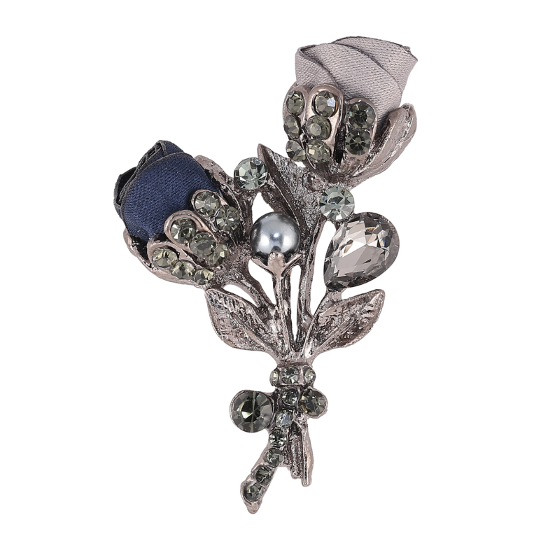 Брошка Букет з синьо-сірими квітами та сірими стразами фото №6