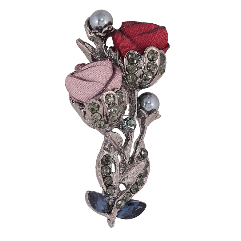 Брошь Бежево-красные цветы со стразами фото №1