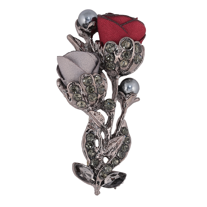 Брошь Серо-красные цветы со стразами фото №2