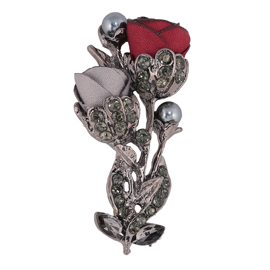 Брошка Сіро-червоні квіти зі стразами фото №1