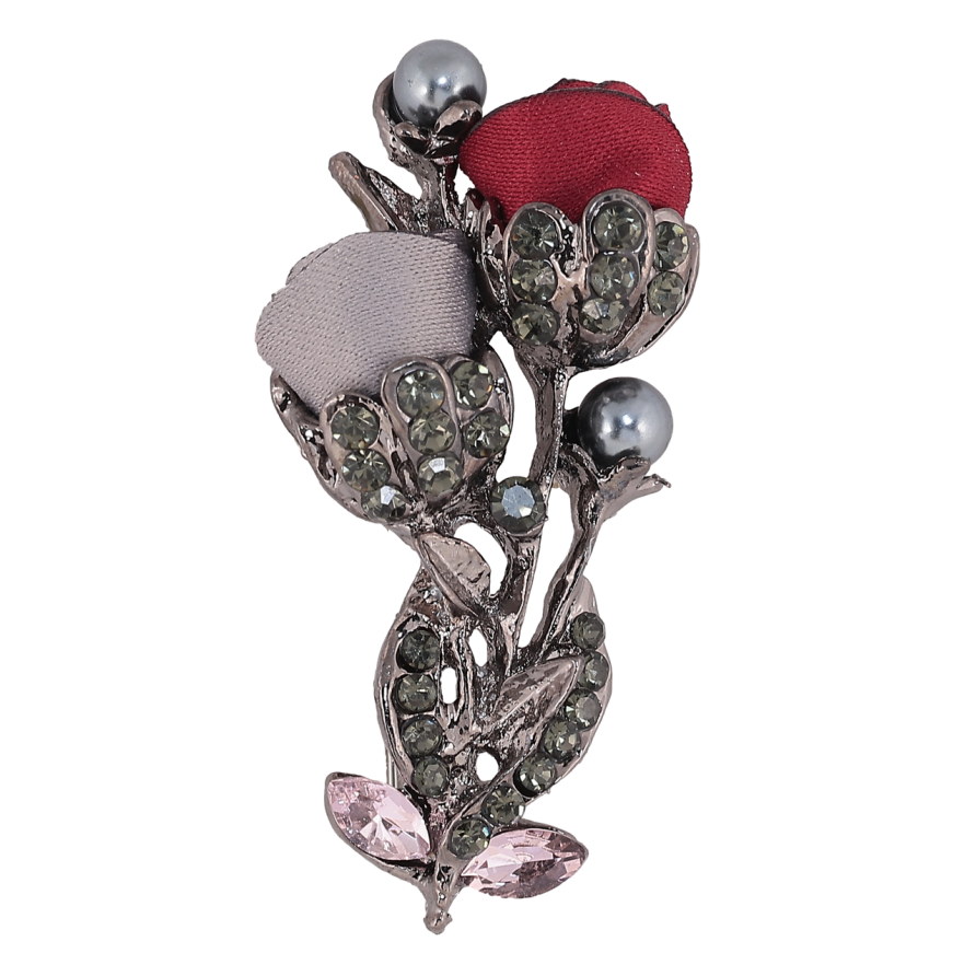 Брошка Сіро-червоні квіти зі стразами фото №1