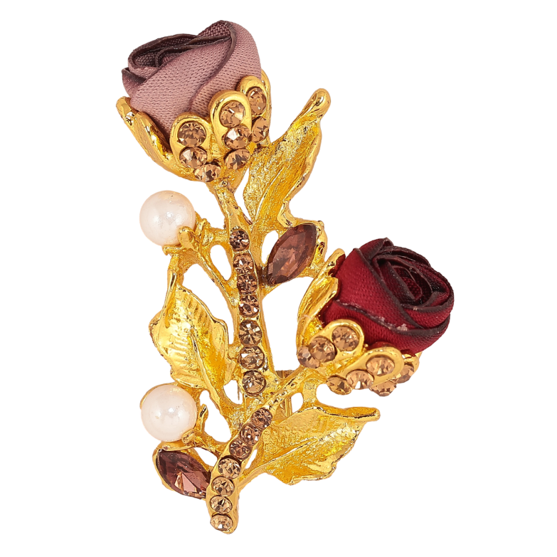 Брошь Бежево-красные цветочки со стразами фото №22