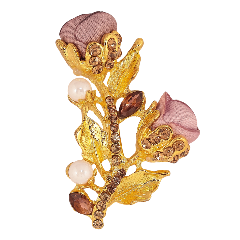 Брошь Бежево-розовые цветочки со стразами фото №5